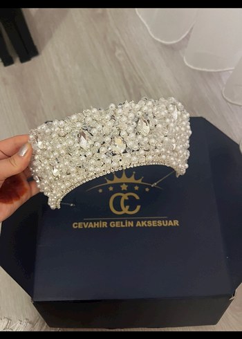 İnci ve Taş İşlemeli Beyaz Gelin Tacı - Görsel 2