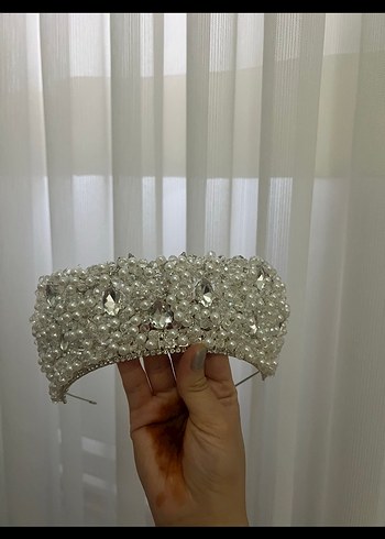 İnci ve Taş İşlemeli Beyaz Gelin Tacı - Görsel 3