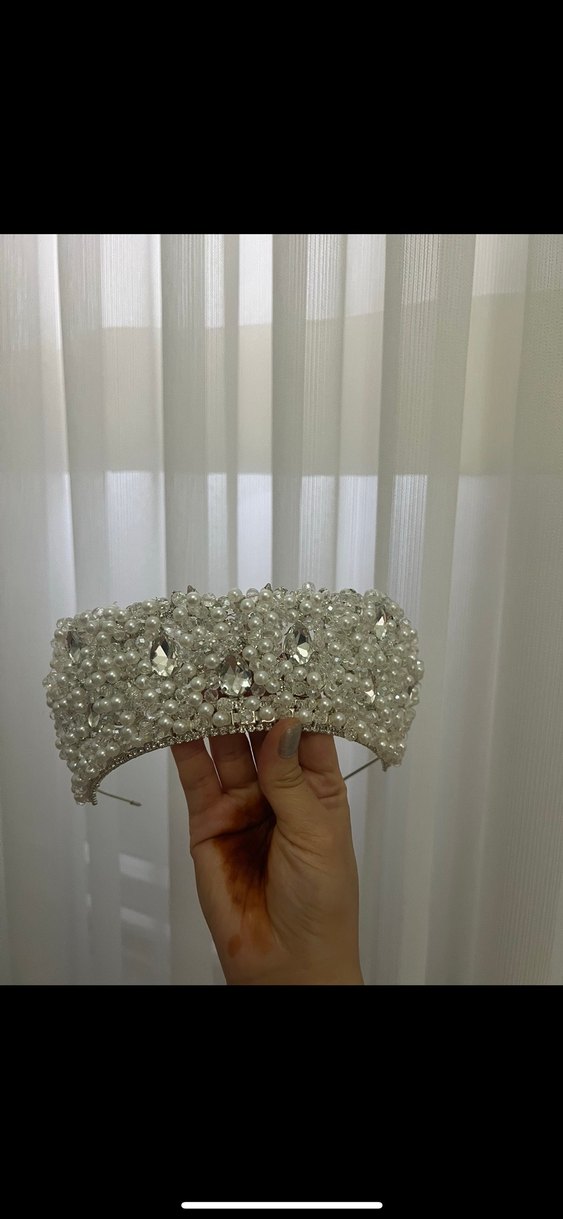 İnci ve Taş İşlemeli Beyaz Gelin Tacı - Görsel 3