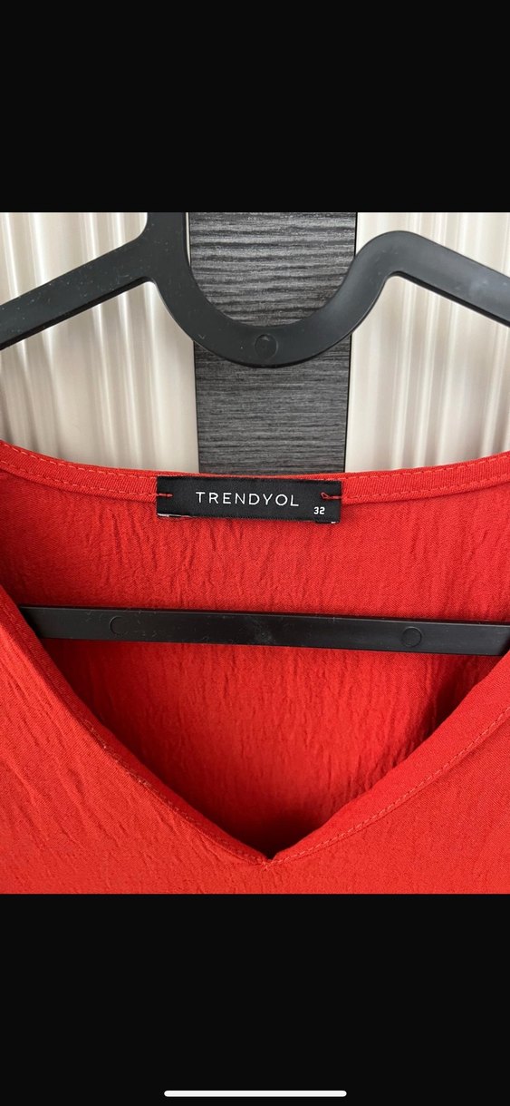 Kırmızı V Yaka Midi Pamuklu Elbise - Görsel 3