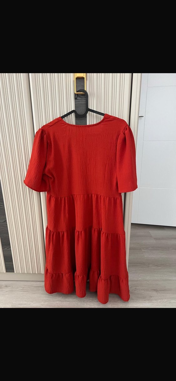 Kırmızı V Yaka Midi Pamuklu Elbise - Görsel 2