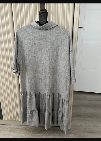 LC Waikiki Gri Keten Midi Boy Düğmeli Rahat Elbise