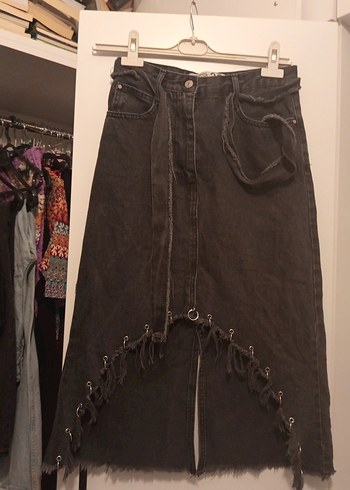 Nakışlı Siyah Uzun Kot Etek - Görsel 5