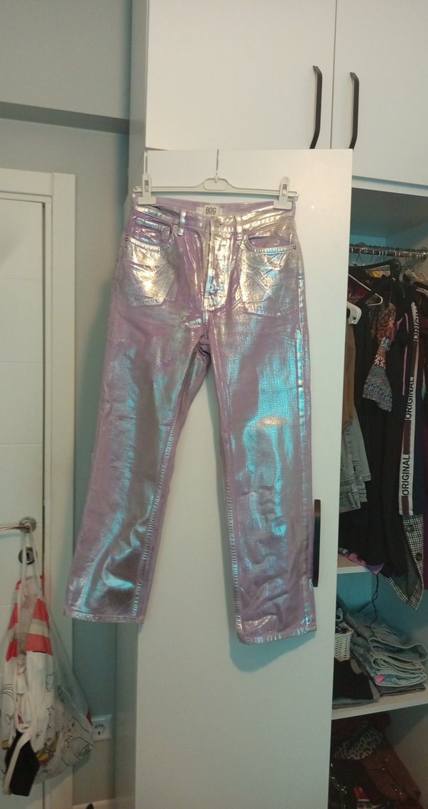 Kadın Parlak Mor gümüş Batik Desenli Kot Pantolon - Görsel 2