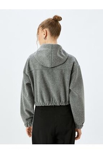 s Beden gri Renk Koton Kapüşonlu Fermuarlı Dikiş Detaylı Crop Sweatshirt