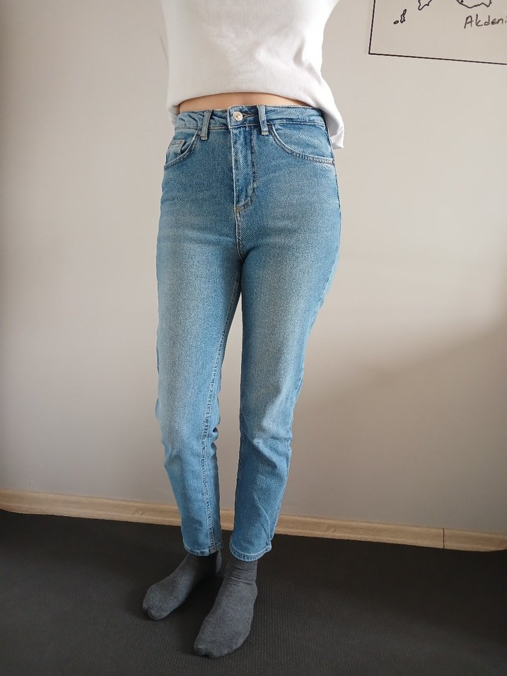 Düğmeli Mavi Midi Boy Kadın Denim Pantolon - Görsel 2