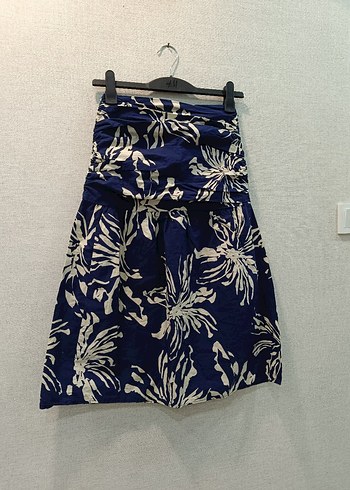 Zara Lacivert Drapeli Mini Bağlama Desenli mini straplez elbise
