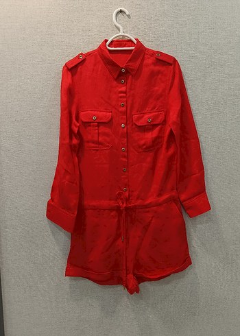 Kırmızı Düğmeli Uzun Kollu Keten tulum - Görsel 2