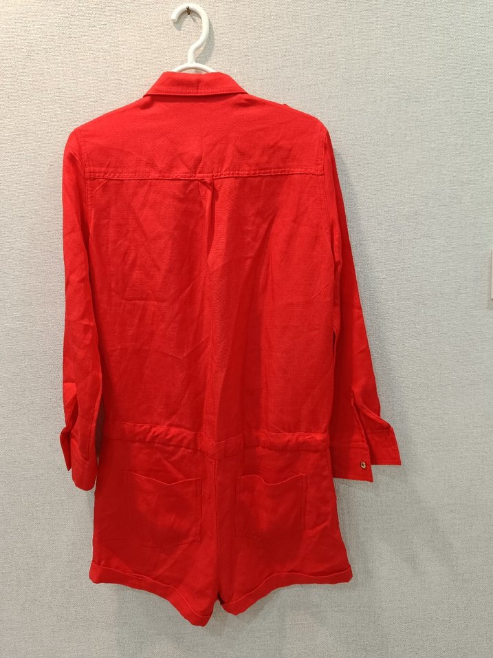 Kırmızı Düğmeli Uzun Kollu Keten tulum - Görsel 3