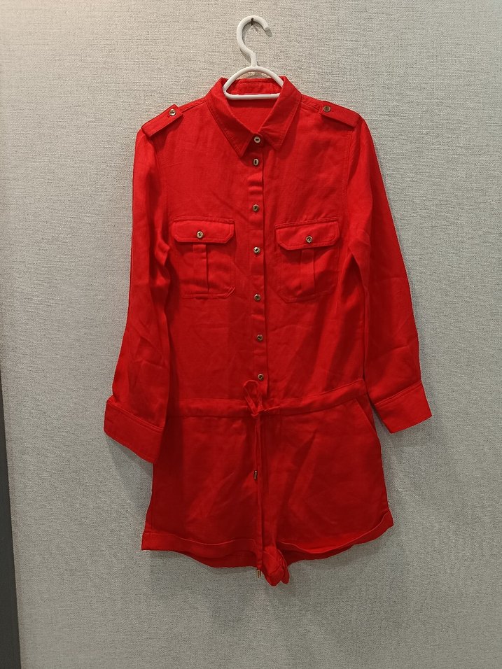 Kırmızı Düğmeli Uzun Kollu Keten tulum - Görsel 2