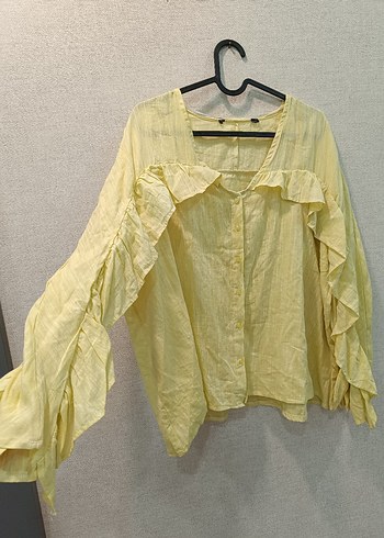 Sarı Keten Kadın Bluz, Fırfırlı, V Yaka - Görsel 3