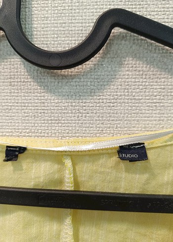 Sarı Keten Kadın Bluz, Fırfırlı, V Yaka - Görsel 5