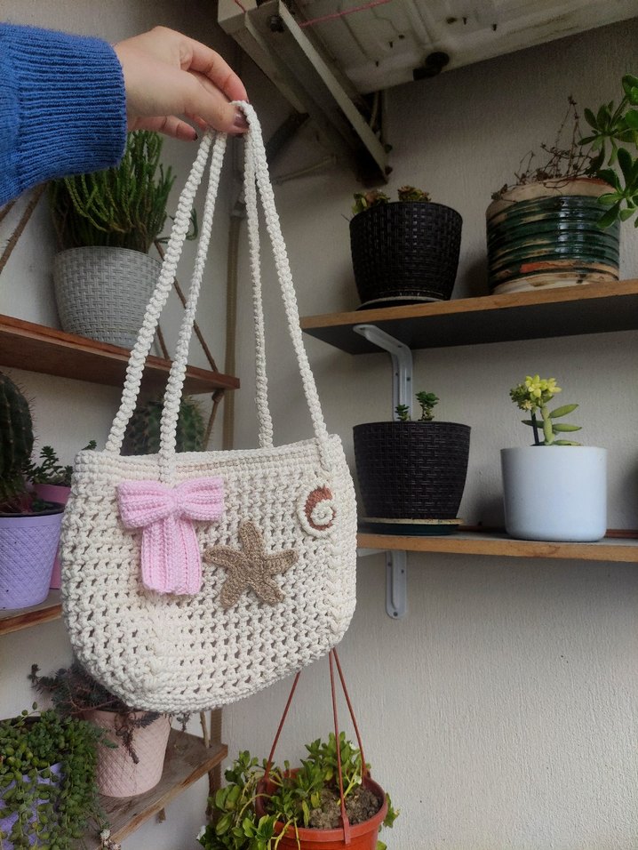 Örgü Bej Bohem Kadın Çanta astarlı - Görsel 2