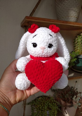 Kırmızı Kalpli Beyaz amigurumi oyuncak Tavşan sevgililer günü - Görsel 2