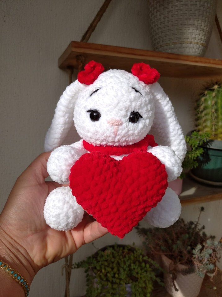 Kırmızı Kalpli Beyaz amigurumi oyuncak Tavşan sevgililer günü - Görsel 2