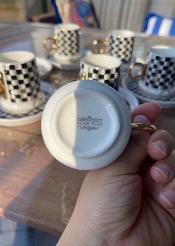 6 lı siyah  Beyaz Damalı Desenli Altılı Türk Kahvesi Fincanı - Görsel 4