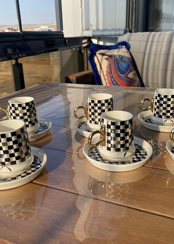 6 lı siyah  Beyaz Damalı Desenli Altılı Türk Kahvesi Fincanı - Görsel 2