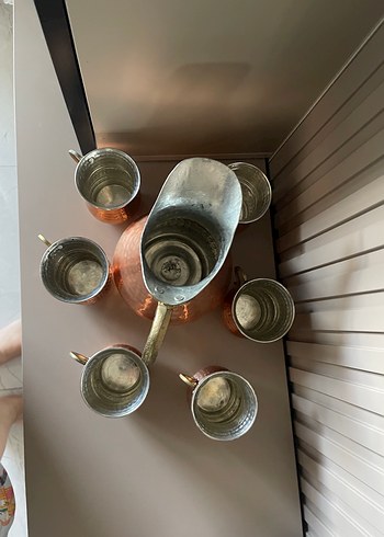 Diger Bakır Parlak Sürahi   6 Bardak Seti işlemeli - Görsel 5