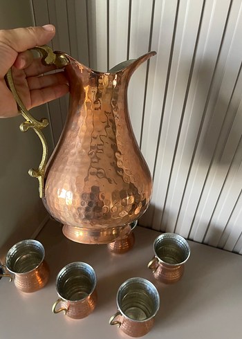Diger Bakır Parlak Sürahi   6 Bardak Seti işlemeli - Görsel 2