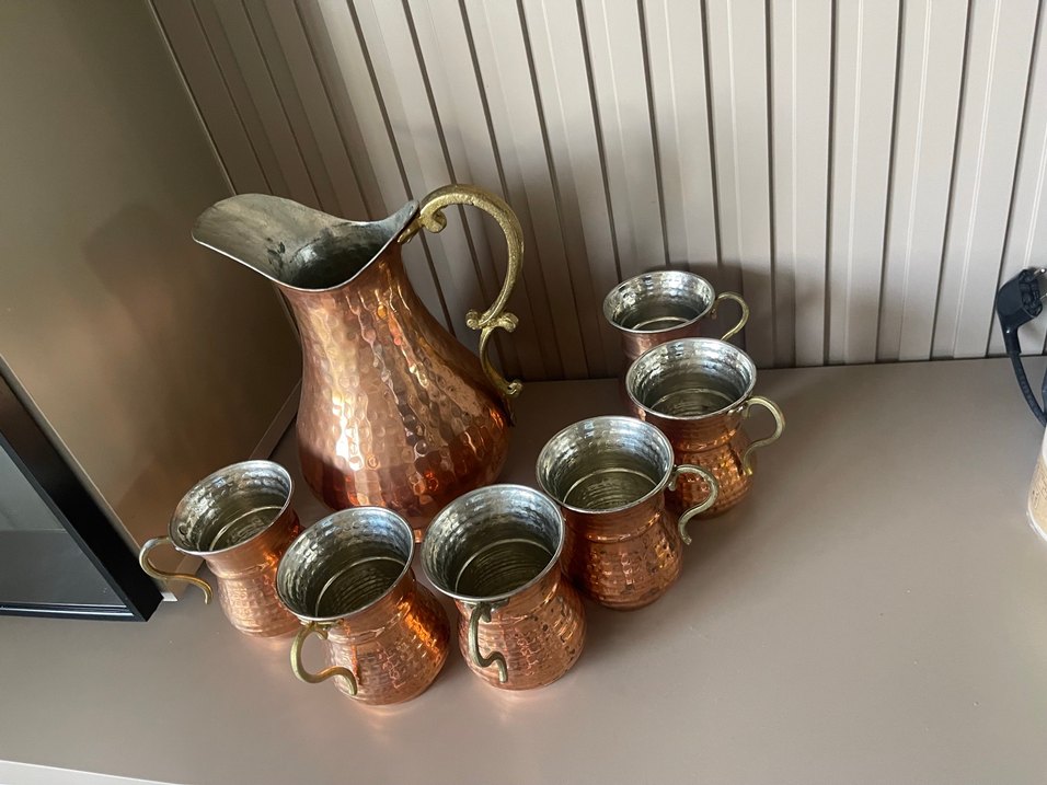 Diger Bakır Parlak Sürahi   6 Bardak Seti işlemeli - Görsel 4