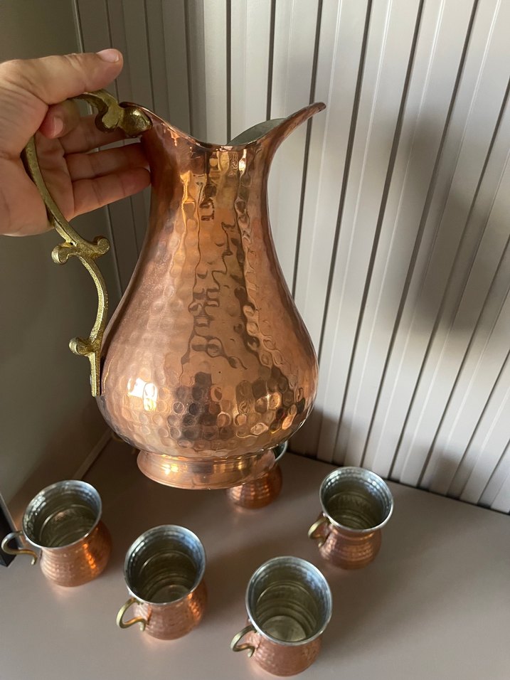 Diger Bakır Parlak Sürahi   6 Bardak Seti işlemeli - Görsel 2