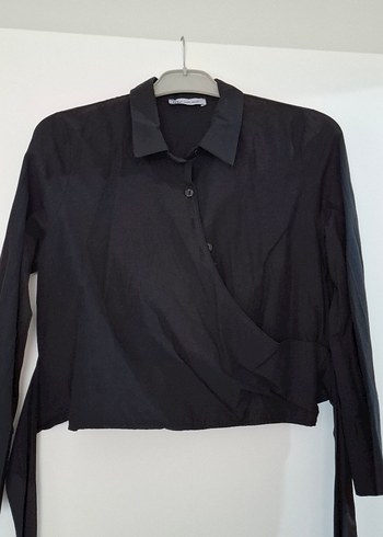 Siyah Keten Kadın Gömlek, Uzun Kollu, Düğmeli - Görsel 2