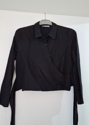 Siyah Keten Kadın Gömlek, Uzun Kollu, Düğmeli - Görsel 3