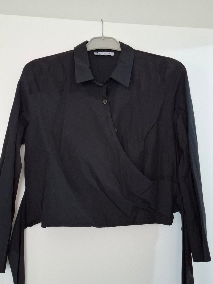 Siyah Keten Kadın Gömlek, Uzun Kollu, Düğmeli - Görsel 2