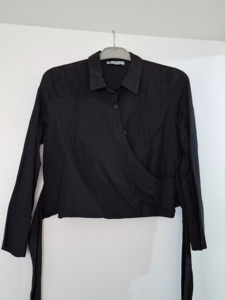 Siyah Keten Kadın Gömlek, Uzun Kollu, Düğmeli - Görsel 3