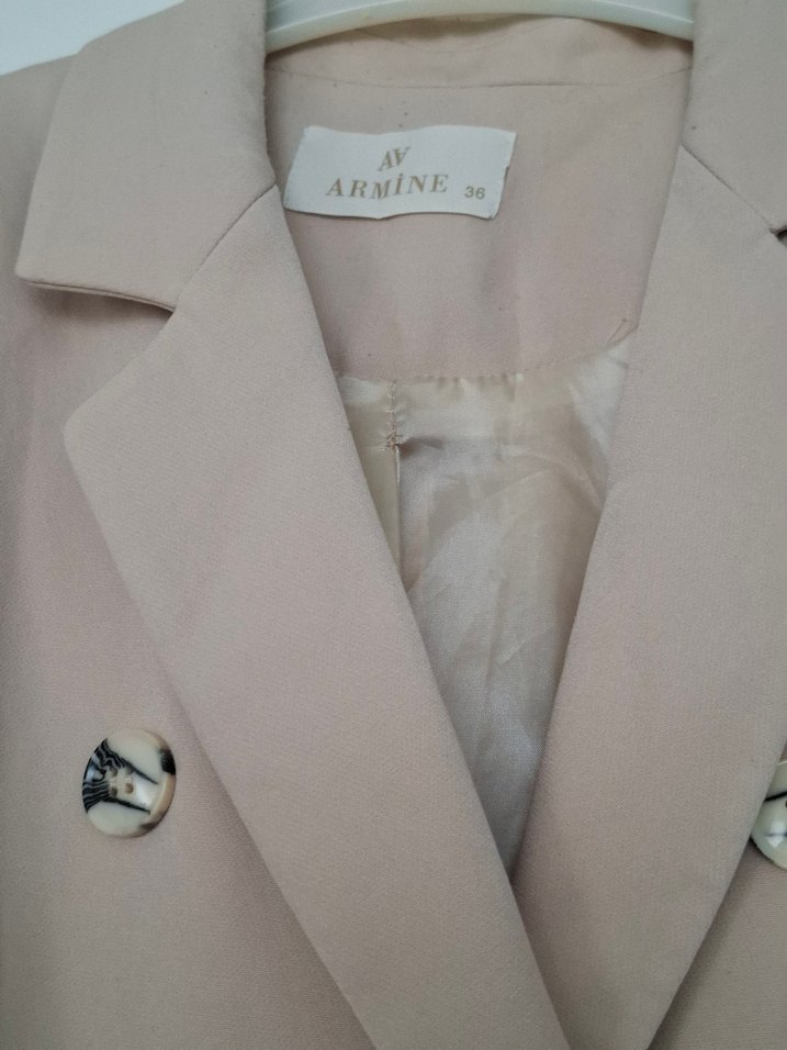 Bej Çift Düğmeli Uzun Kadın Blazer - Görsel 4