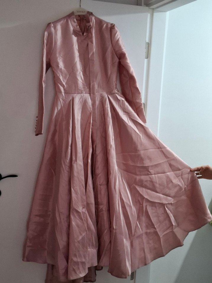 Vintage Pembe Uzun Kollu Uzun Elbise - Görsel 2