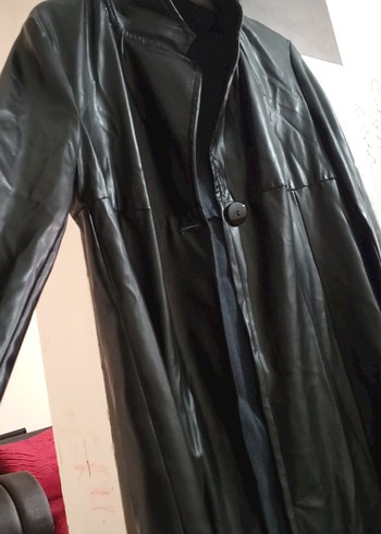 Düğmeli Siyah Uzun Deri Kadın Ceket - Görsel 5