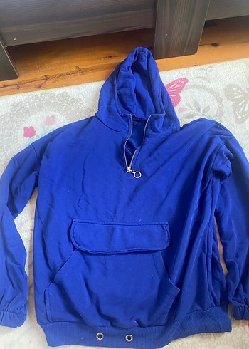 Diğer Parlak Mavi Kapüşonlu Fermuarlı Sweatshirt
