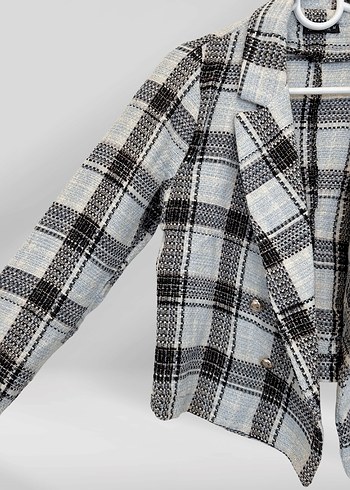 Düğmeli Gri Ekose Midi Blazer - Görsel 3