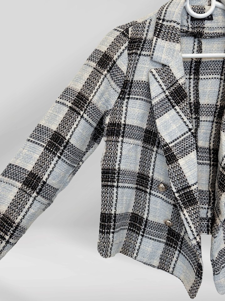 Düğmeli Gri Ekose Midi Blazer - Görsel 3