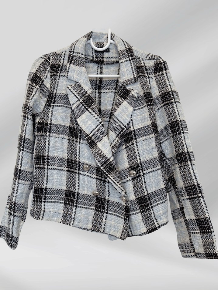 Düğmeli Gri Ekose Midi Blazer - Görsel 2