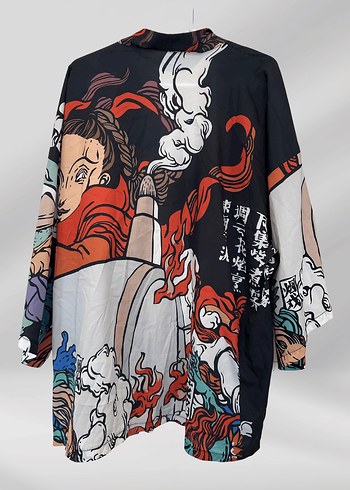 Desenli Kadın Kimono, Salaş Kesim, Uzun Kollu - Görsel 2