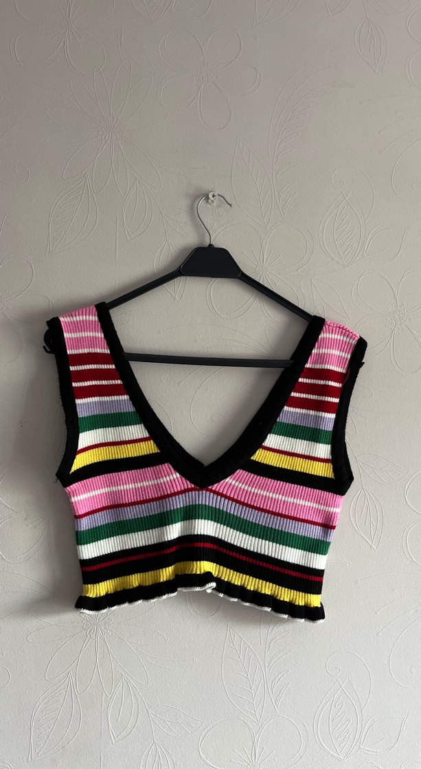 Çizgili Renkli V Yaka Örgü Mini Atlet - Görsel 2