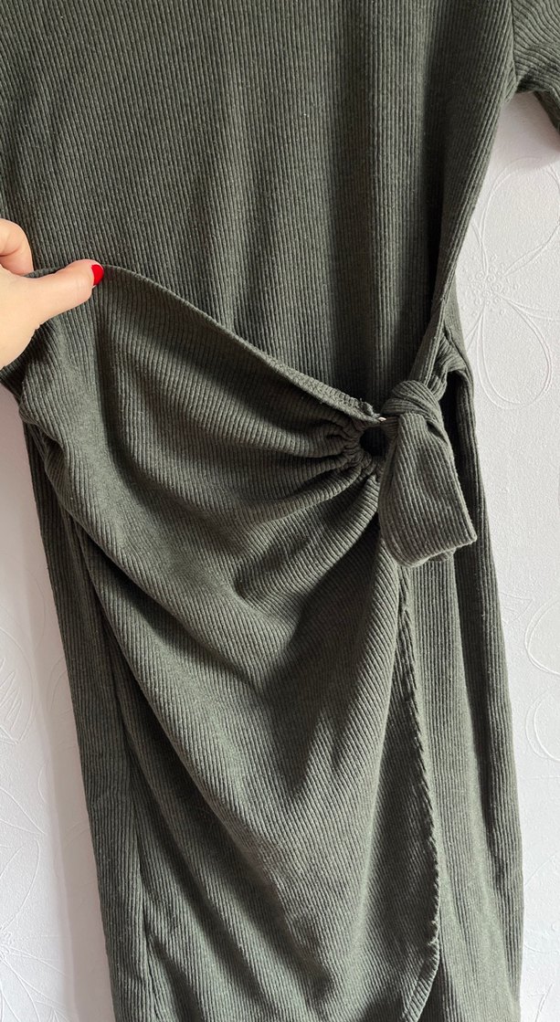 Drapeli Kısa Kollu Haki Kadın Elbise - Görsel 4