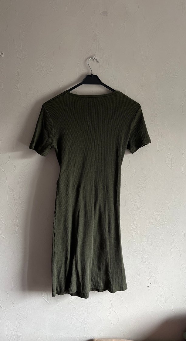 Drapeli Kısa Kollu Haki Kadın Elbise - Görsel 2