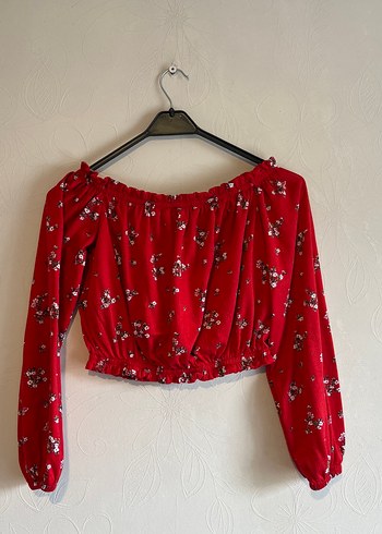 Kırmızı Çiçek Desenli Uzun Kollu Crop Bluz - Görsel 2