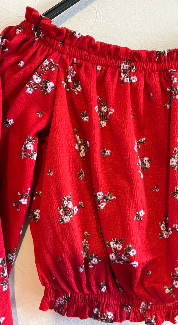 Kırmızı Çiçek Desenli Uzun Kollu Crop Bluz - Görsel 3