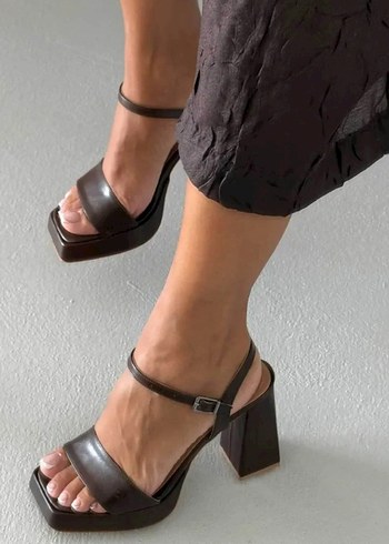 Kahverengi Deri Platform Topuklu Kadın Sandalet - Görsel 3