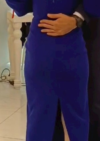 Drapeli Saks mavisi Uzun Abiye Elbise - Görsel 2