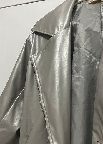 Gri Kadın Deri Ceket, Kemerli, Sokak Stili - Görsel 3