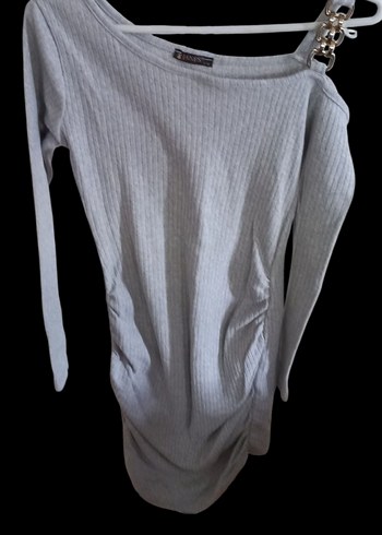 Gri Zincir Detaylı Uzun Kollu Triko Elbise - Görsel 2