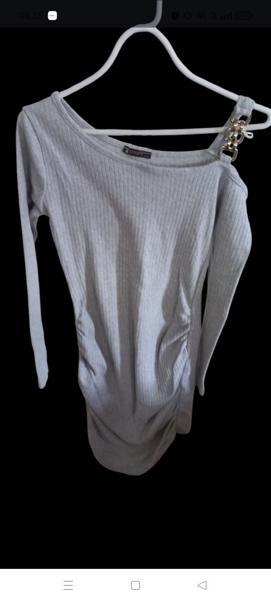 Gri Zincir Detaylı Uzun Kollu Triko Elbise - Görsel 2