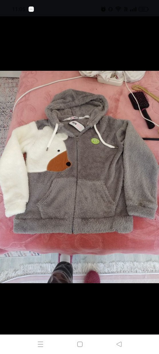 Kapüşonlu Gri Kadın Peluş Ceket - Görsel 4