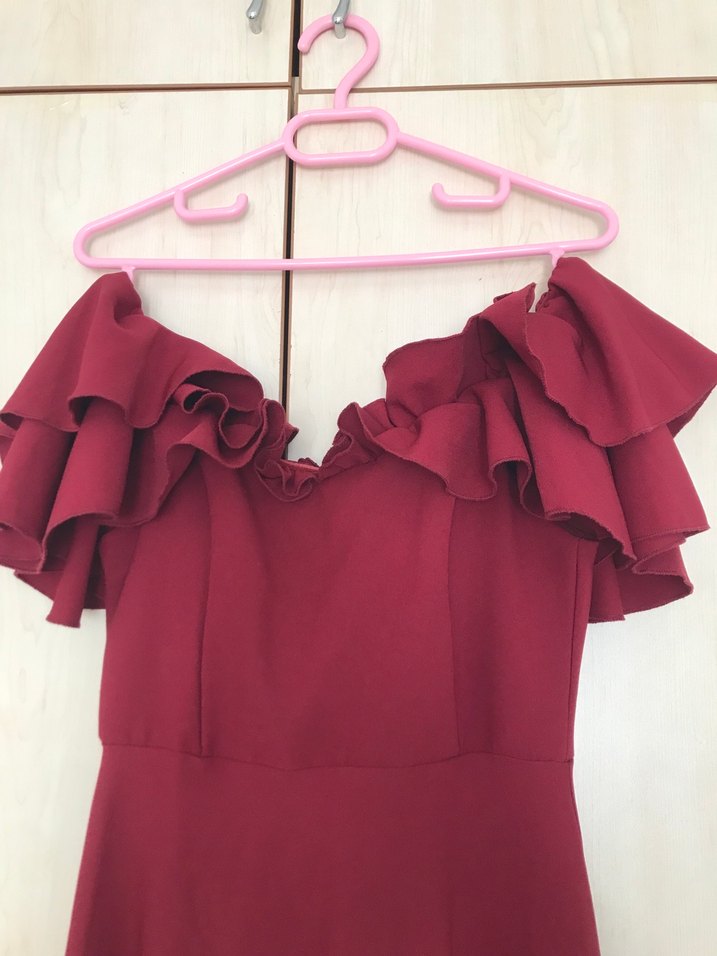 Bordo Fırfırlı Abiye Elbise - Görsel 3