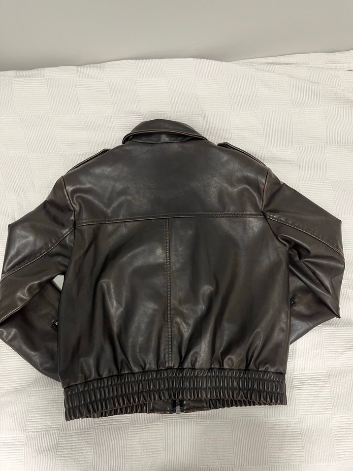 Kadın Kahverengi Deri Fermuarlı Ceket - Görsel 4